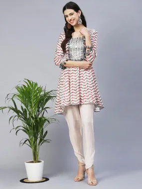 Ethnic Printed & Embroidered Anarkali Kurta with Dhoti Pants - Multi