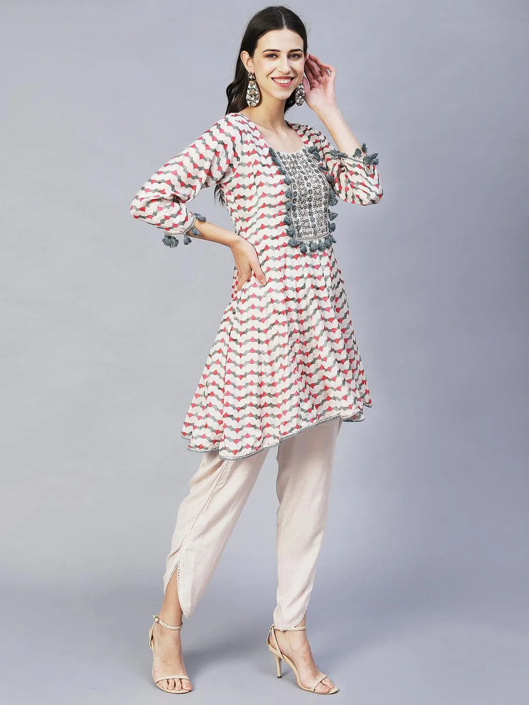 Ethnic Printed & Embroidered Anarkali Kurta with Dhoti Pants - Multi