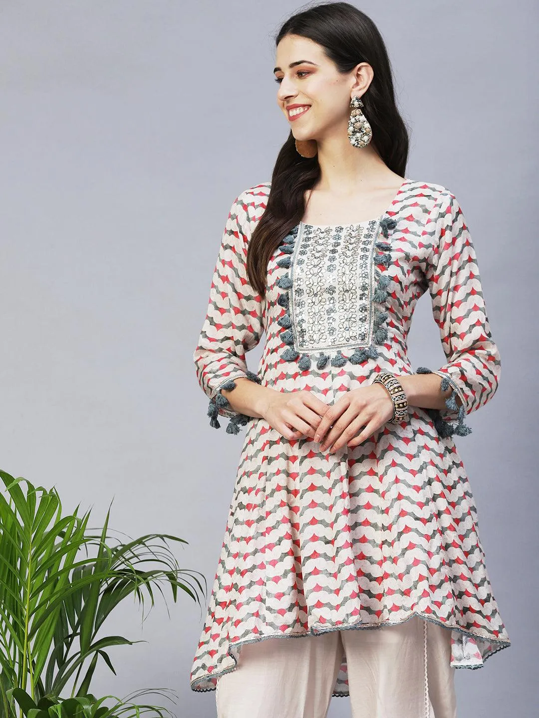 Ethnic Printed & Embroidered Anarkali Kurta with Dhoti Pants - Multi