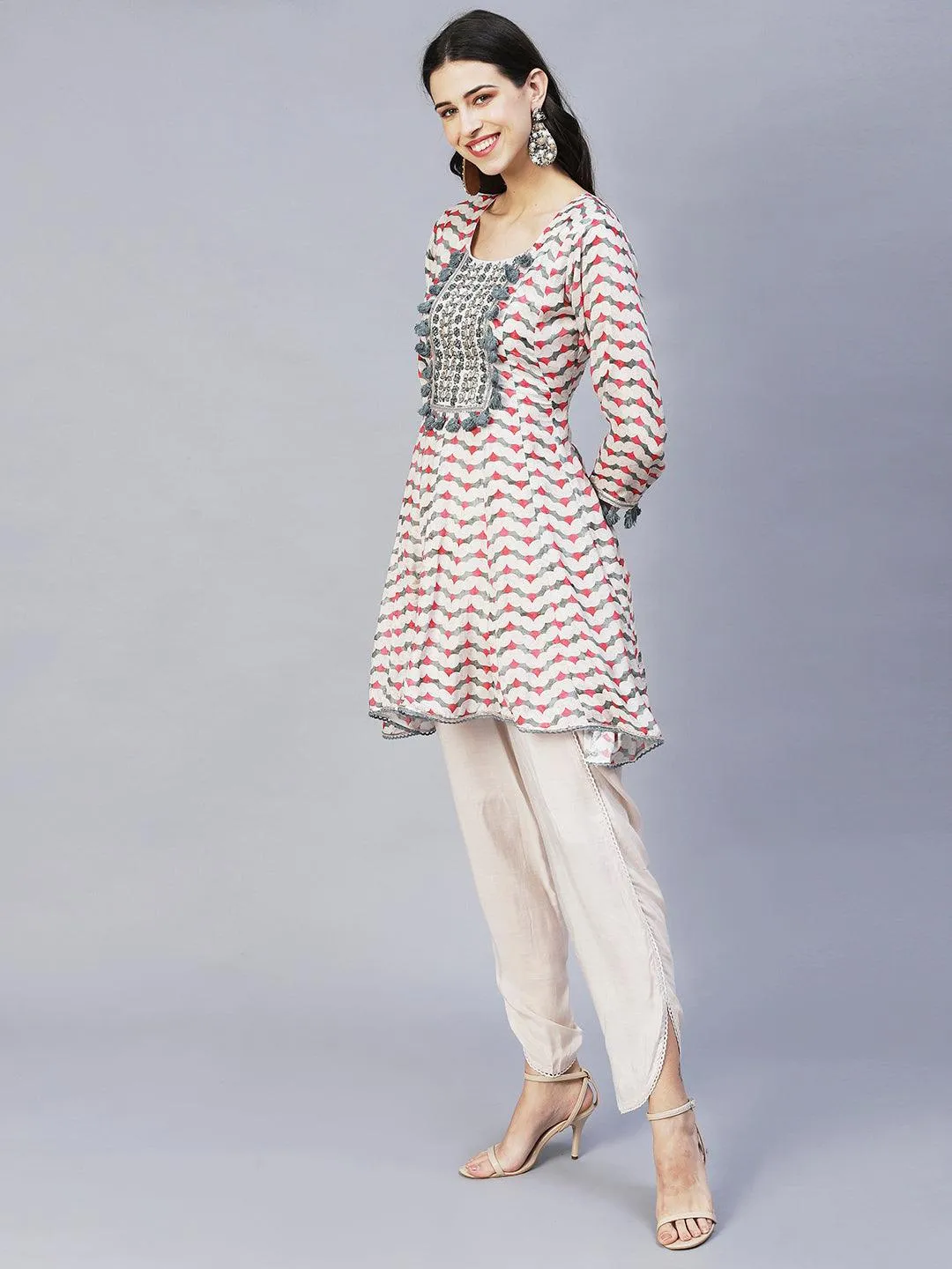 Ethnic Printed & Embroidered Anarkali Kurta with Dhoti Pants - Multi