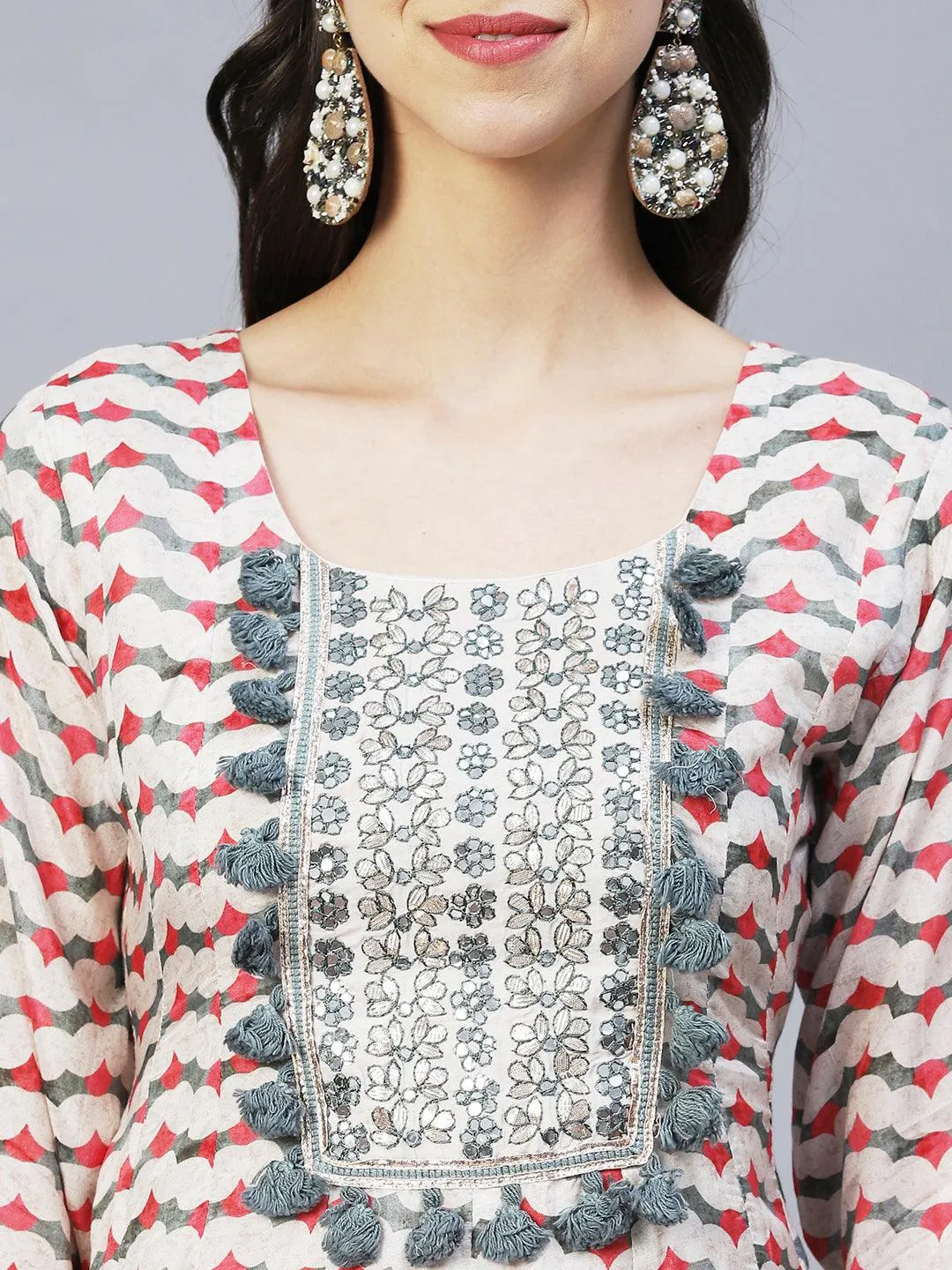 Ethnic Printed & Embroidered Anarkali Kurta with Dhoti Pants - Multi