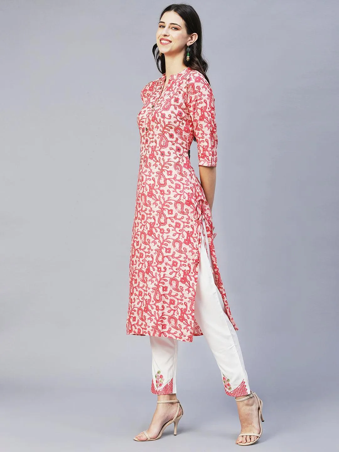 Ethnic Printed & Embroidered Straight Kurta with Pants & Dupatta - Pink