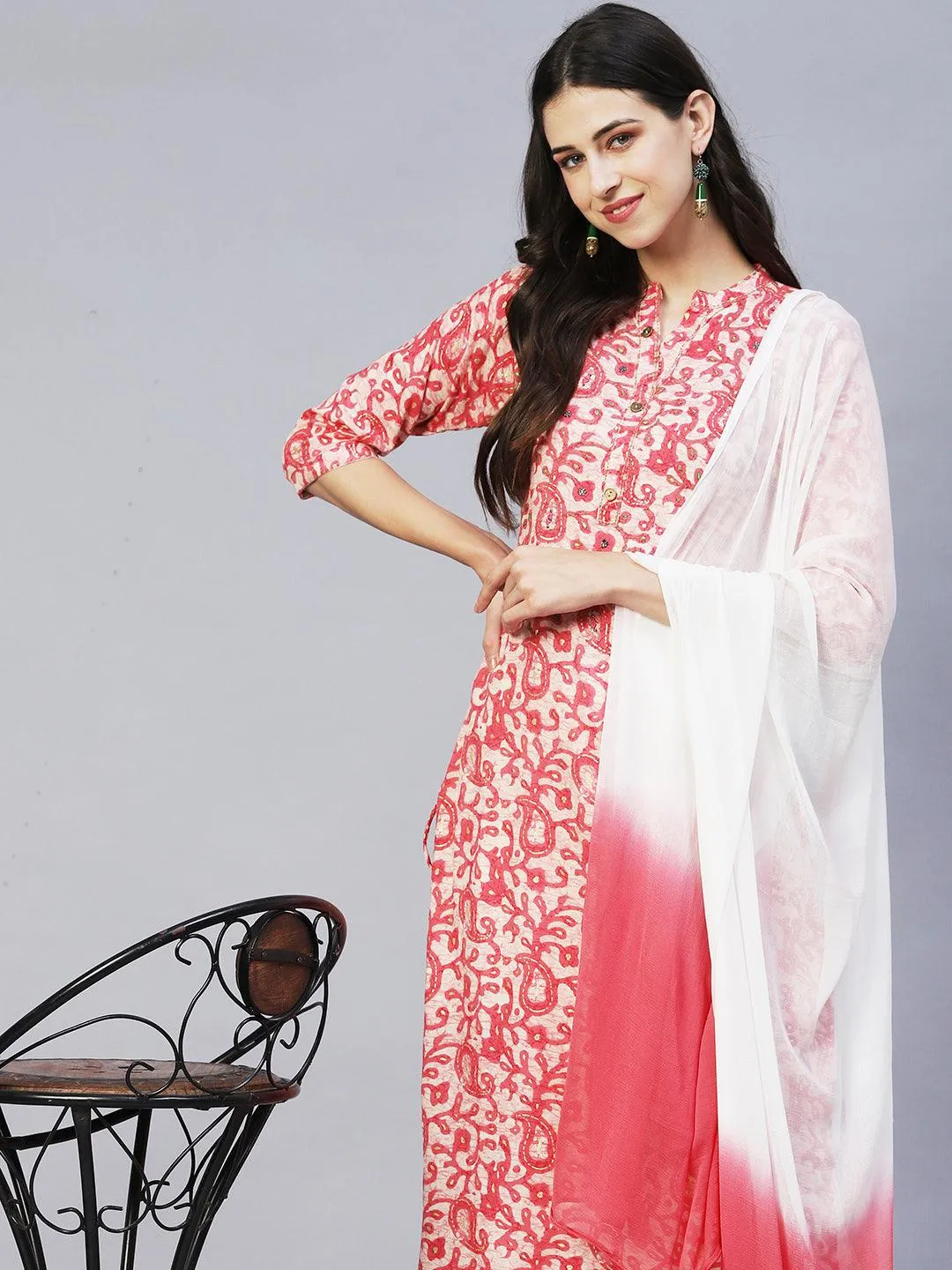 Ethnic Printed & Embroidered Straight Kurta with Pants & Dupatta - Pink