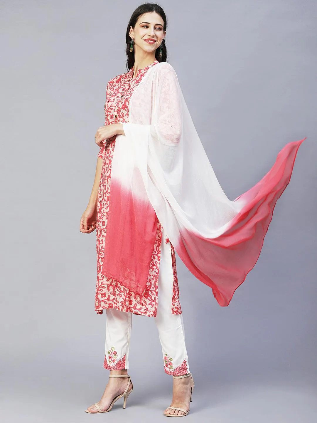 Ethnic Printed & Embroidered Straight Kurta with Pants & Dupatta - Pink