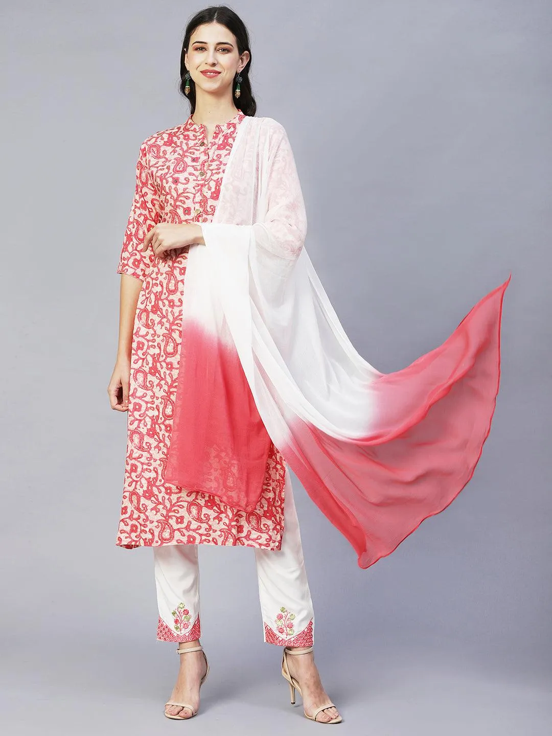 Ethnic Printed & Embroidered Straight Kurta with Pants & Dupatta - Pink