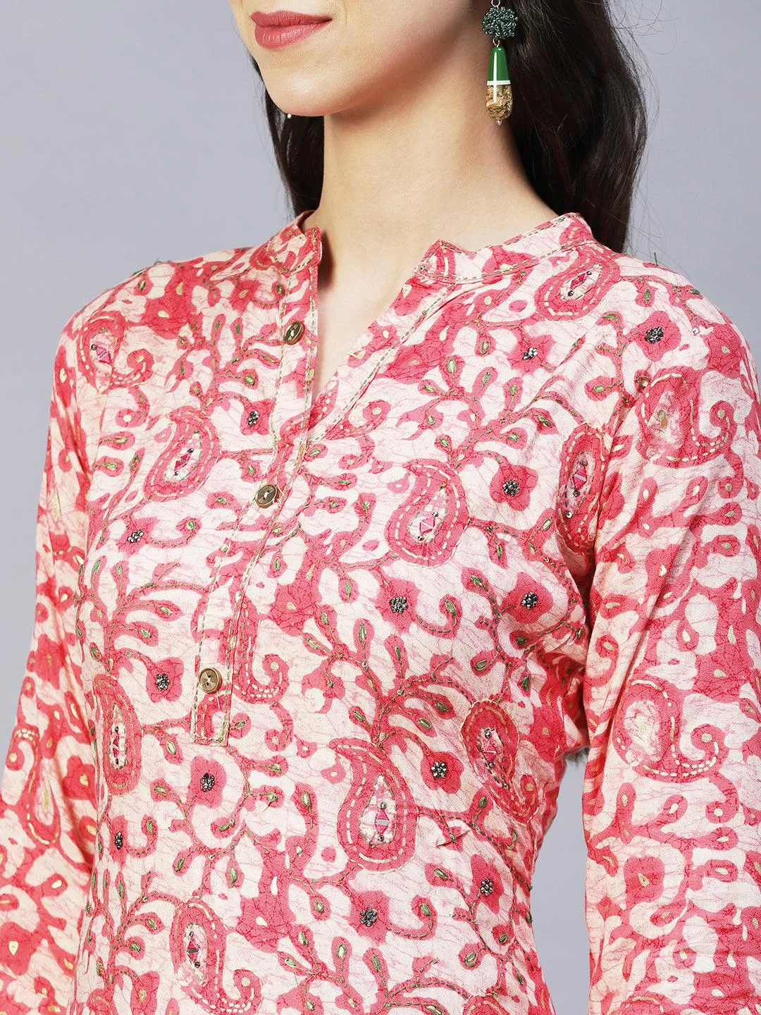 Ethnic Printed & Embroidered Straight Kurta with Pants & Dupatta - Pink