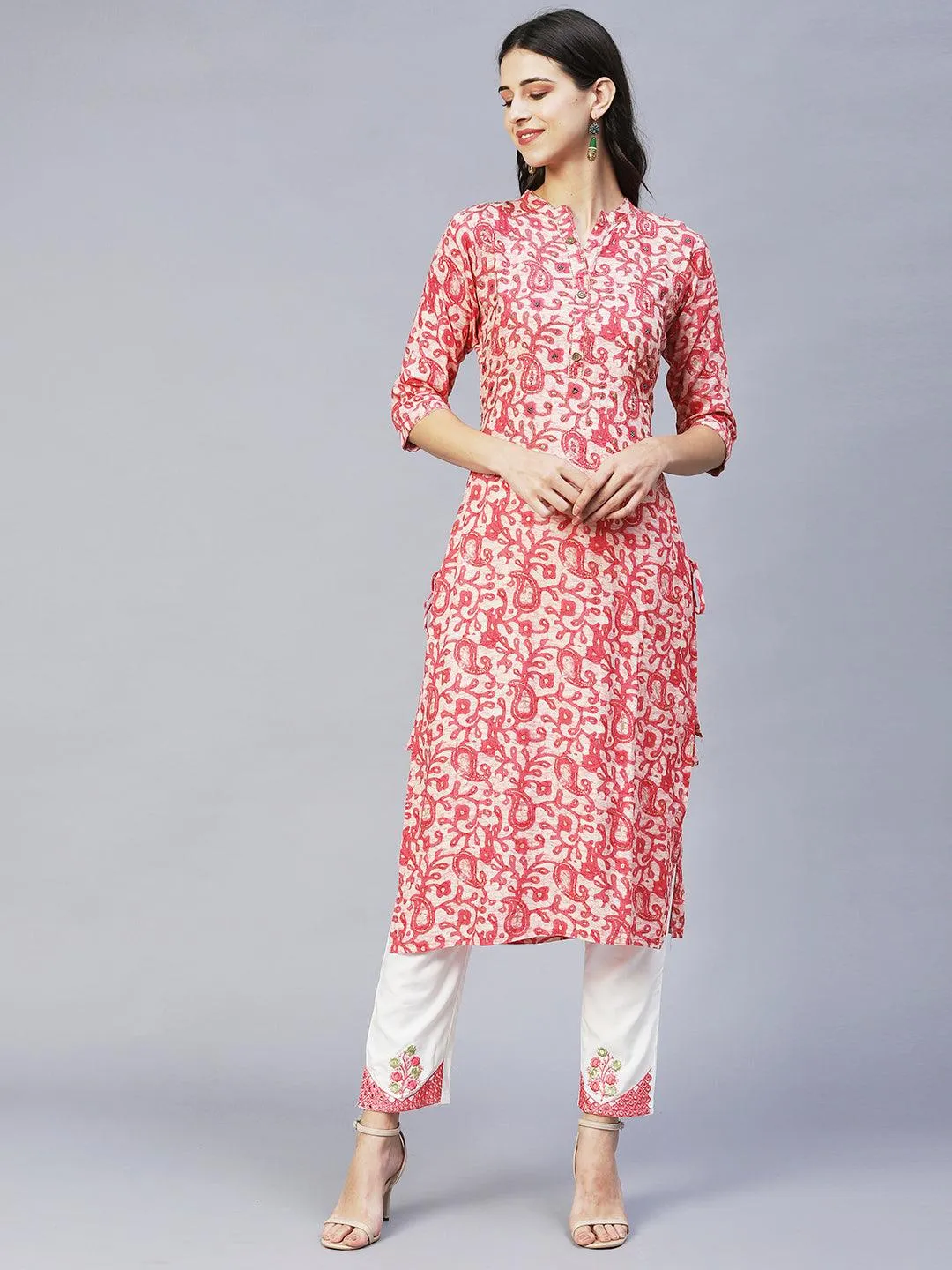 Ethnic Printed & Embroidered Straight Kurta with Pants & Dupatta - Pink