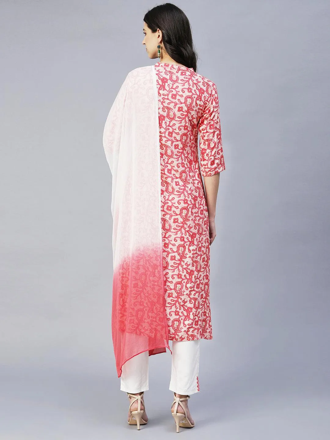 Ethnic Printed & Embroidered Straight Kurta with Pants & Dupatta - Pink
