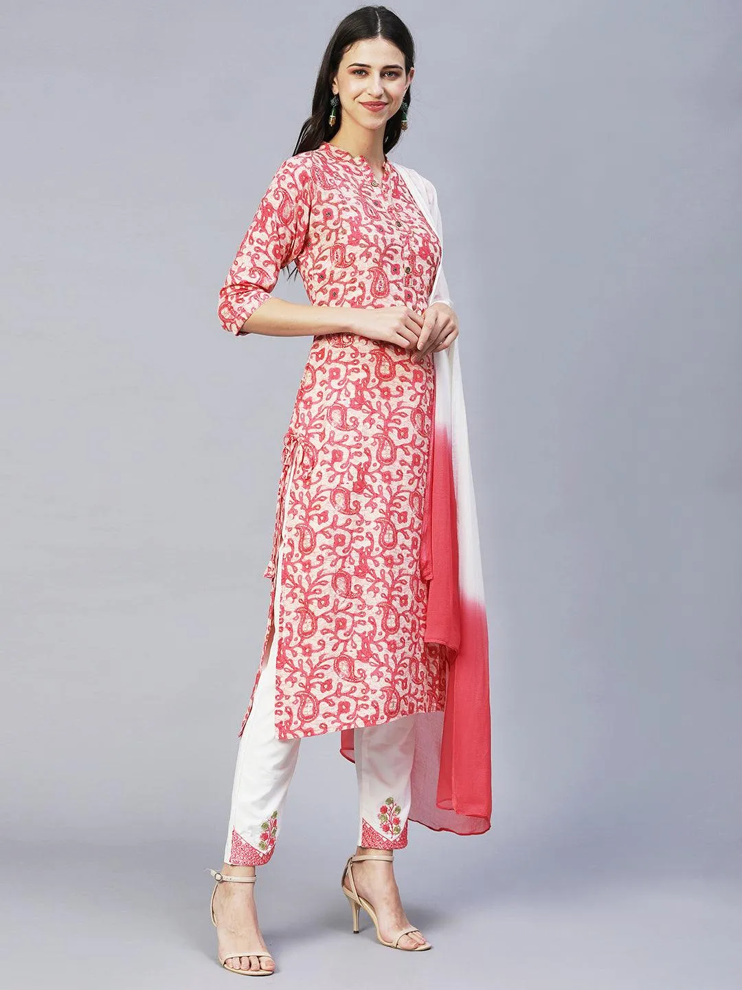 Ethnic Printed & Embroidered Straight Kurta with Pants & Dupatta - Pink