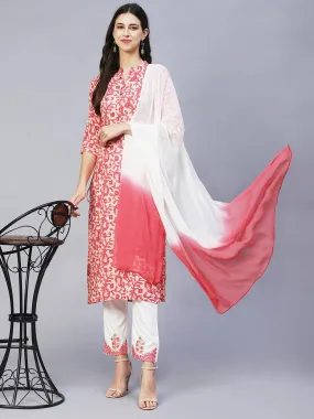 Ethnic Printed & Embroidered Straight Kurta with Pants & Dupatta - Pink