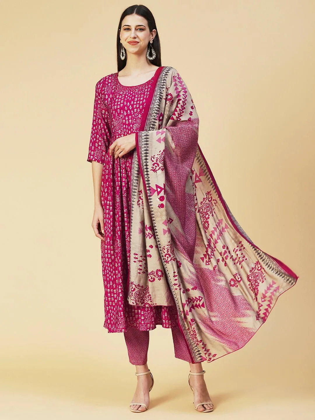 Ethnic Printed Mirror Embroidered Kurta With Pants & Dupatta - Magenta
