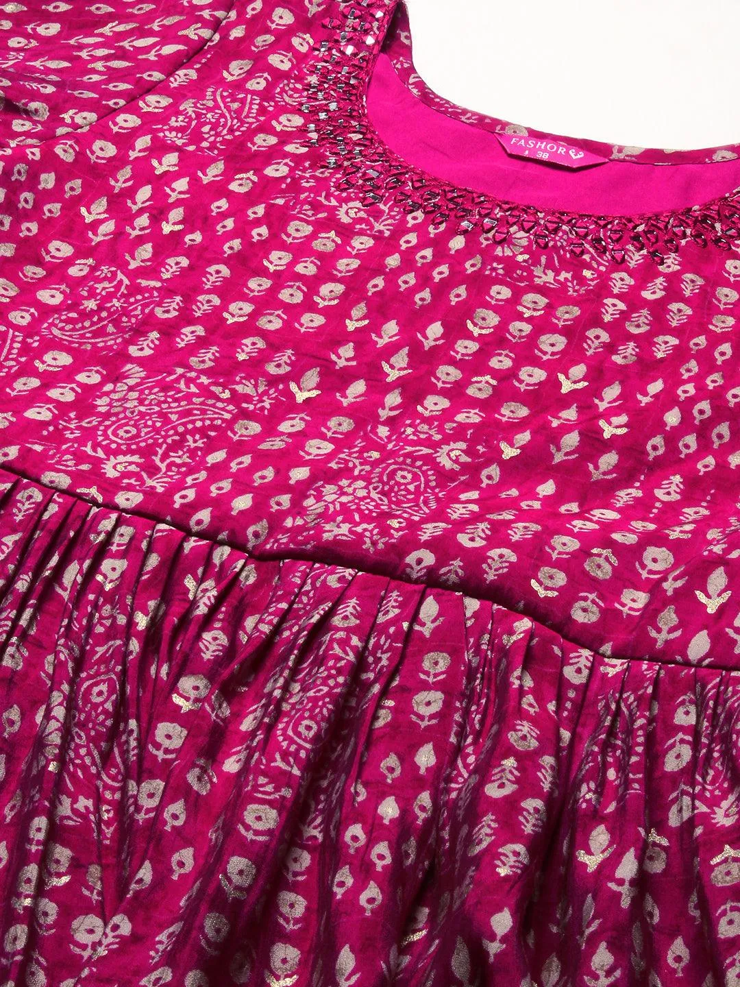 Ethnic Printed Mirror Embroidered Kurta With Pants & Dupatta - Magenta