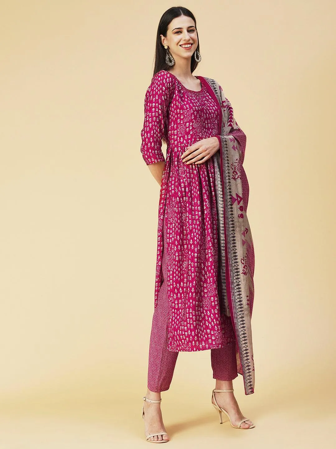 Ethnic Printed Mirror Embroidered Kurta With Pants & Dupatta - Magenta