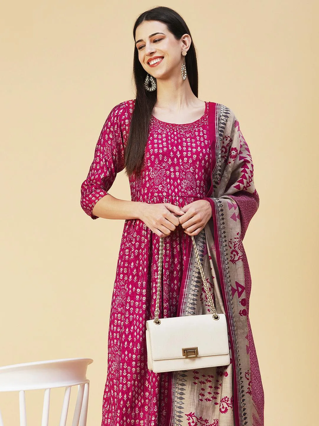 Ethnic Printed Mirror Embroidered Kurta With Pants & Dupatta - Magenta