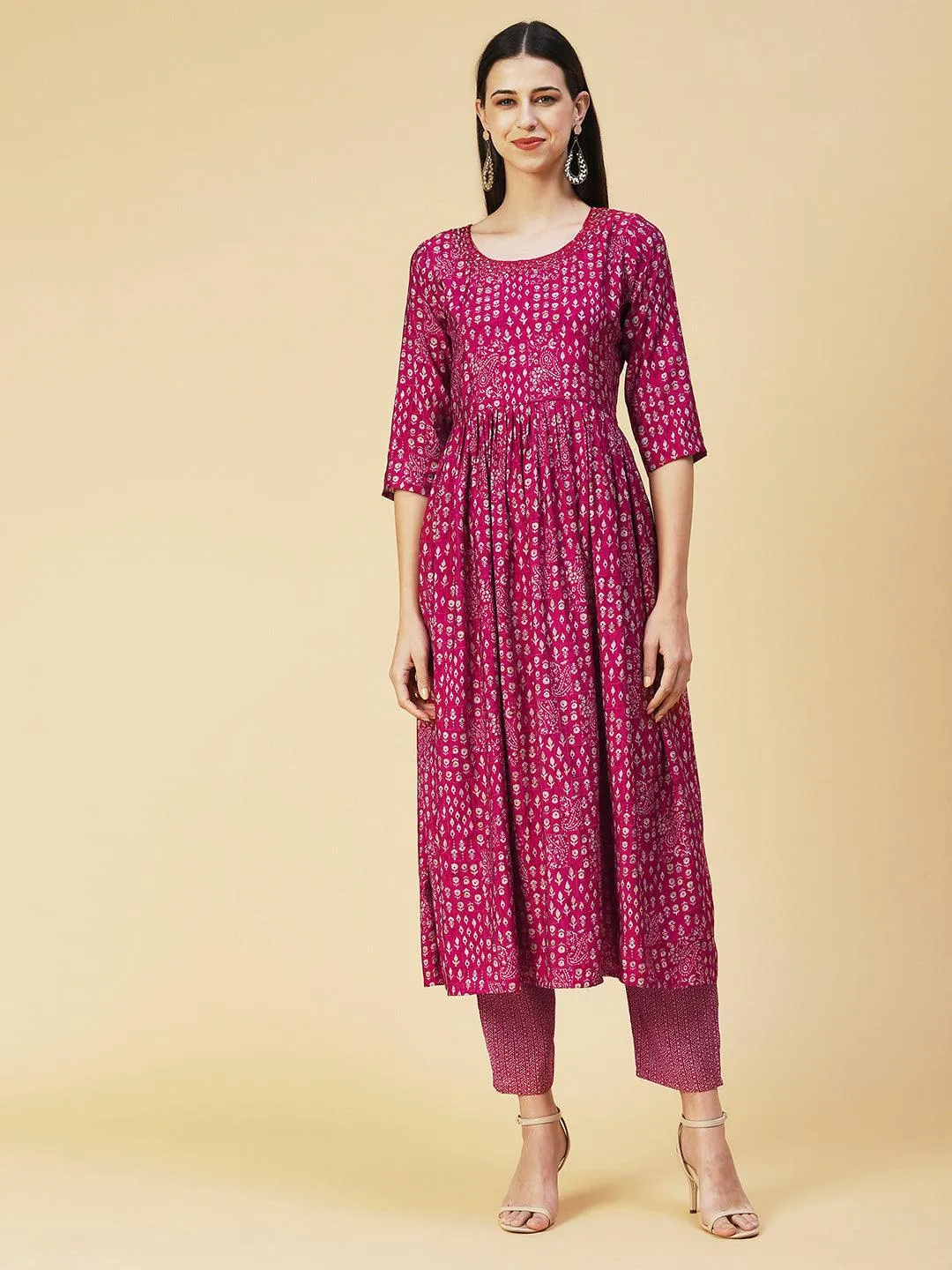 Ethnic Printed Mirror Embroidered Kurta With Pants & Dupatta - Magenta