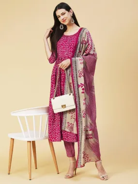 Ethnic Printed Mirror Embroidered Kurta With Pants & Dupatta - Magenta