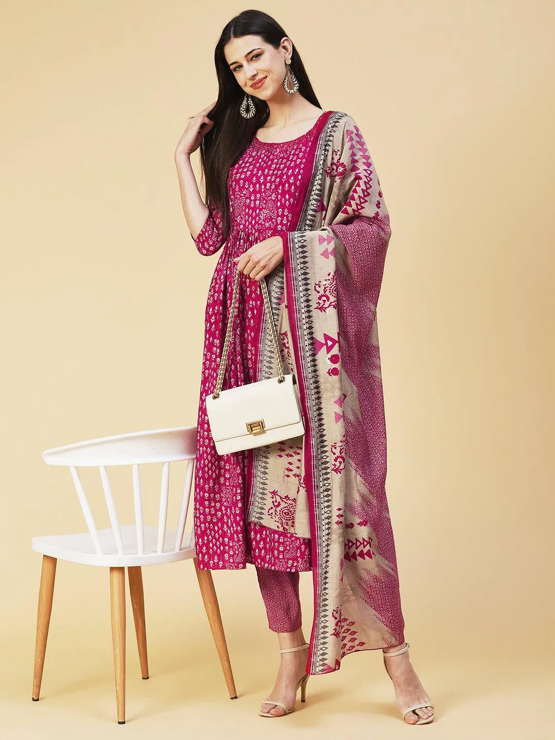 Ethnic Printed Mirror Embroidered Kurta With Pants & Dupatta - Magenta