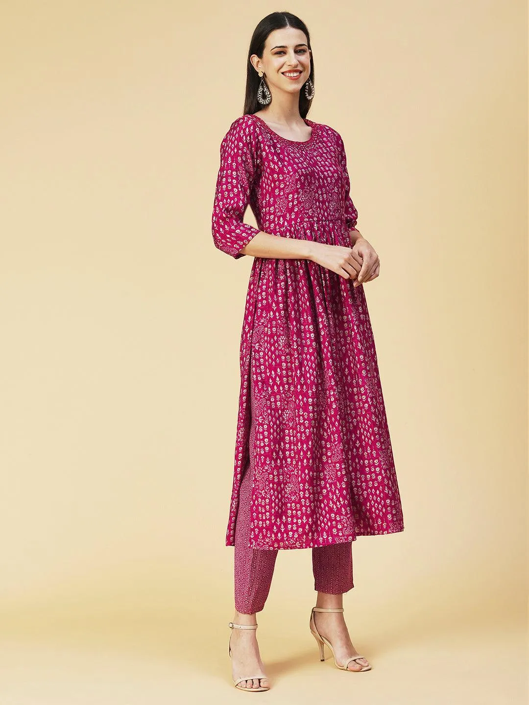 Ethnic Printed Mirror Embroidered Kurta With Pants & Dupatta - Magenta