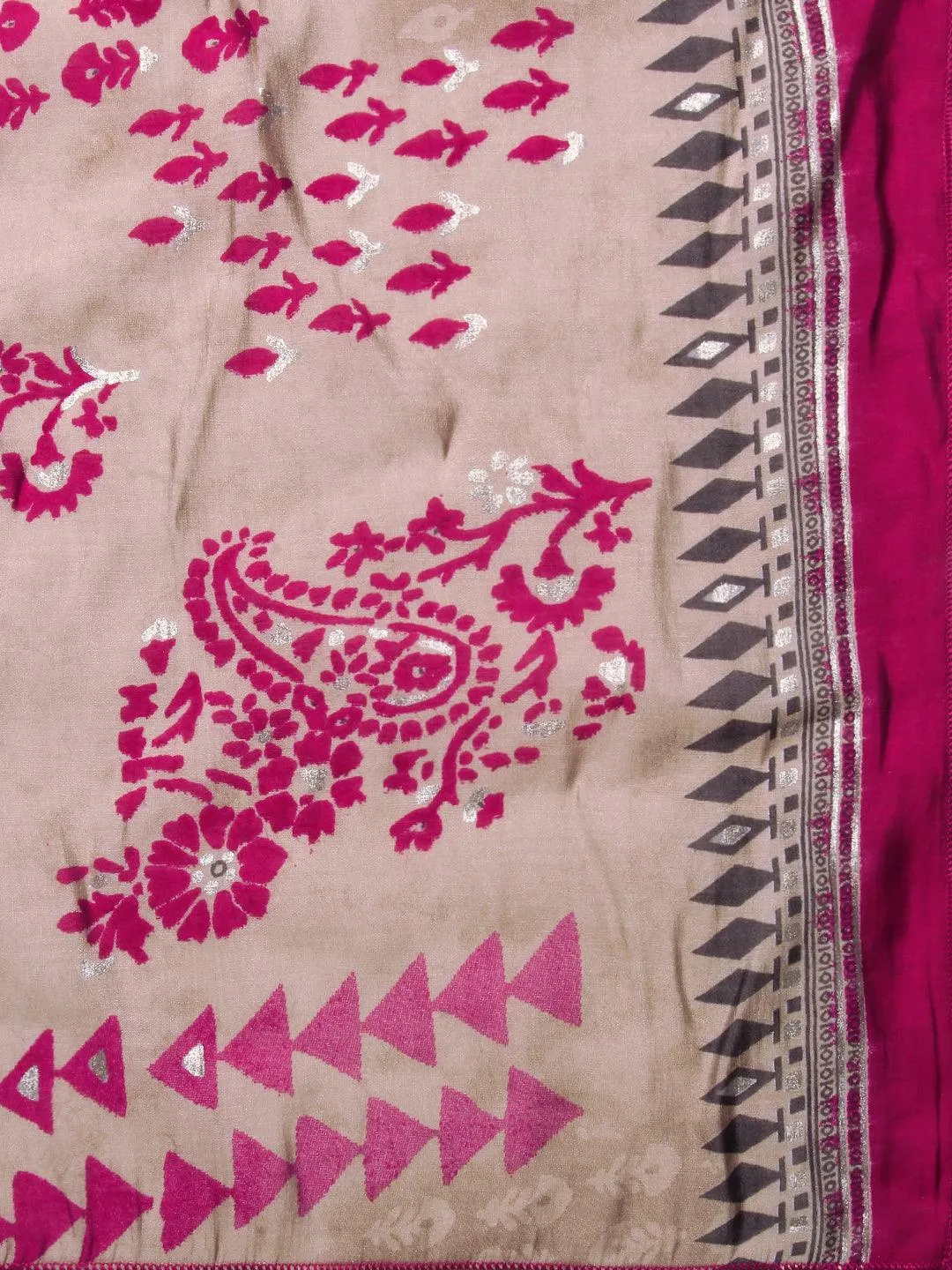 Ethnic Printed Mirror Embroidered Kurta With Pants & Dupatta - Magenta
