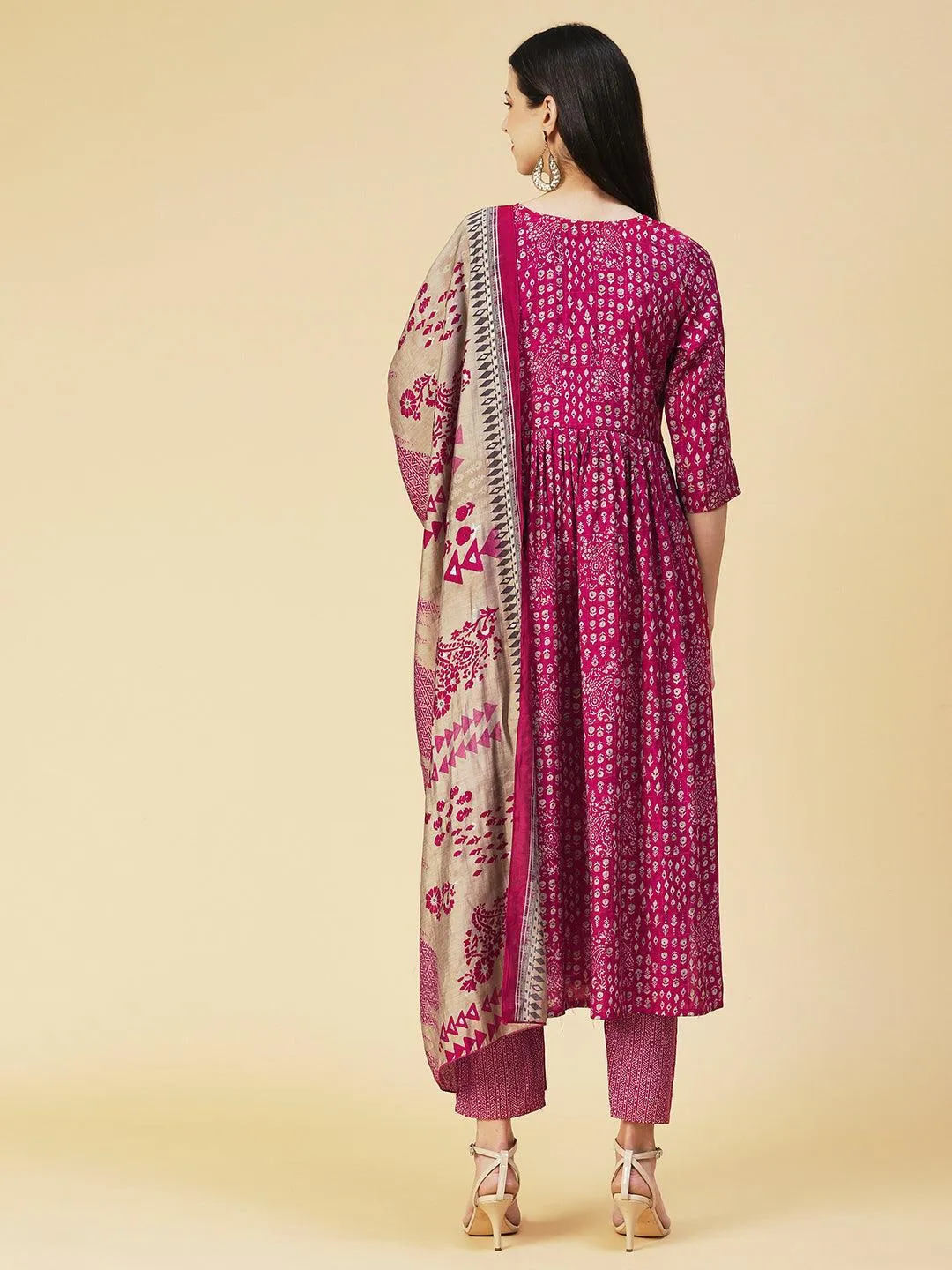 Ethnic Printed Mirror Embroidered Kurta With Pants & Dupatta - Magenta