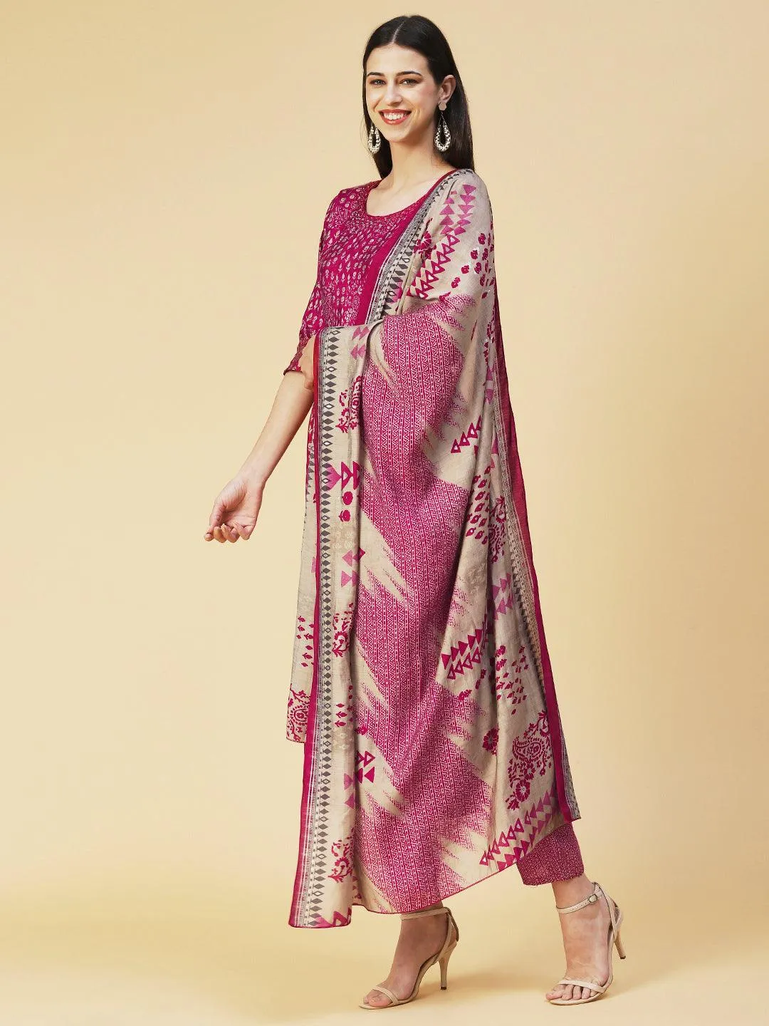 Ethnic Printed Mirror Embroidered Kurta With Pants & Dupatta - Magenta