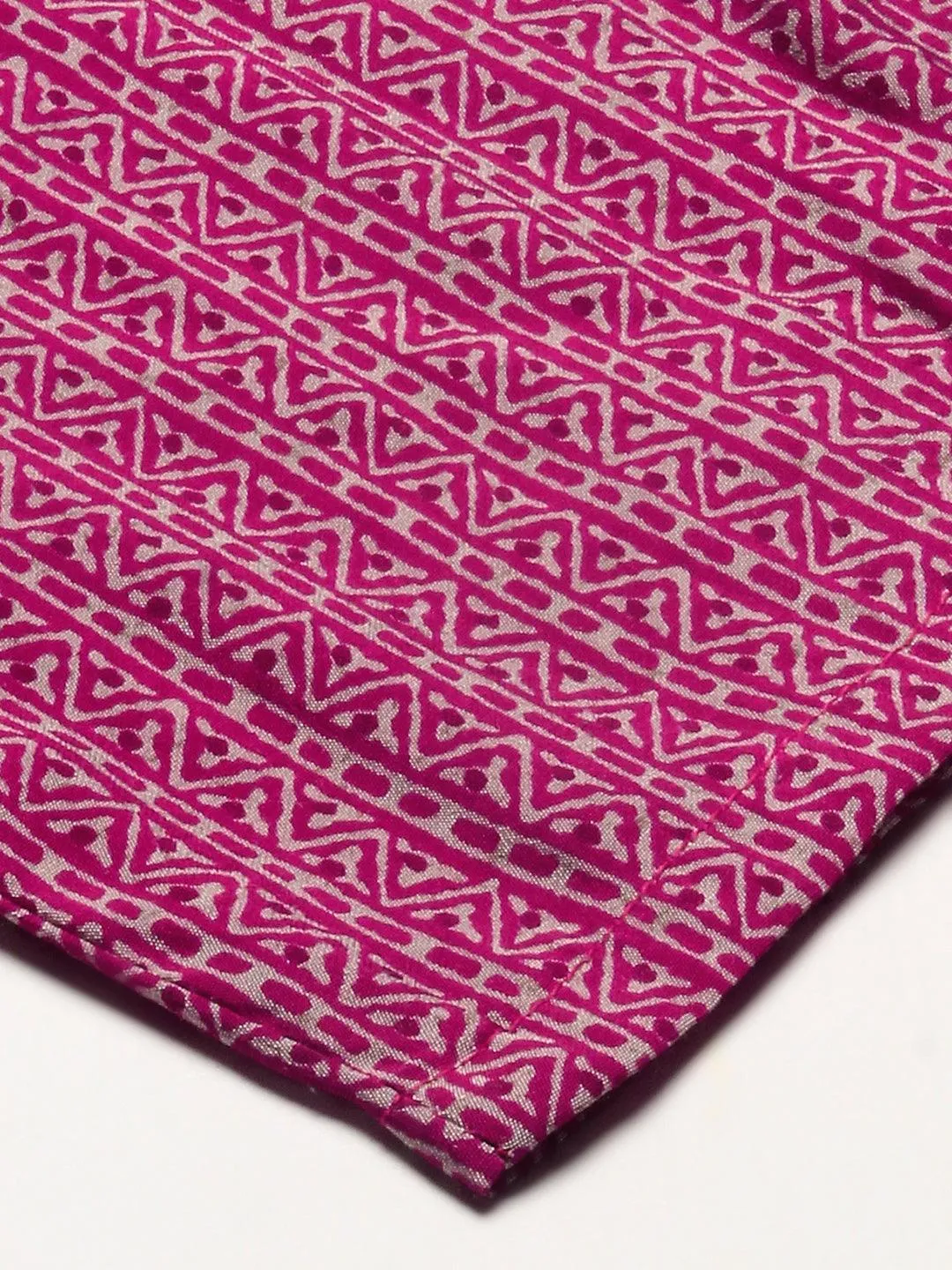 Ethnic Printed Mirror Embroidered Kurta With Pants & Dupatta - Magenta