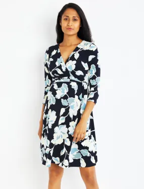 Faux Wrap Maternity Dress in Navy Floral