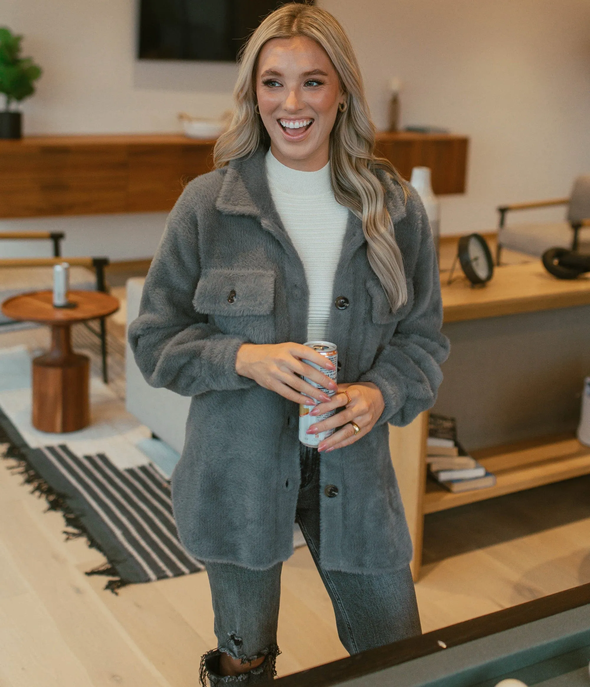 Feather Knit Shacket - Washed Charcoal