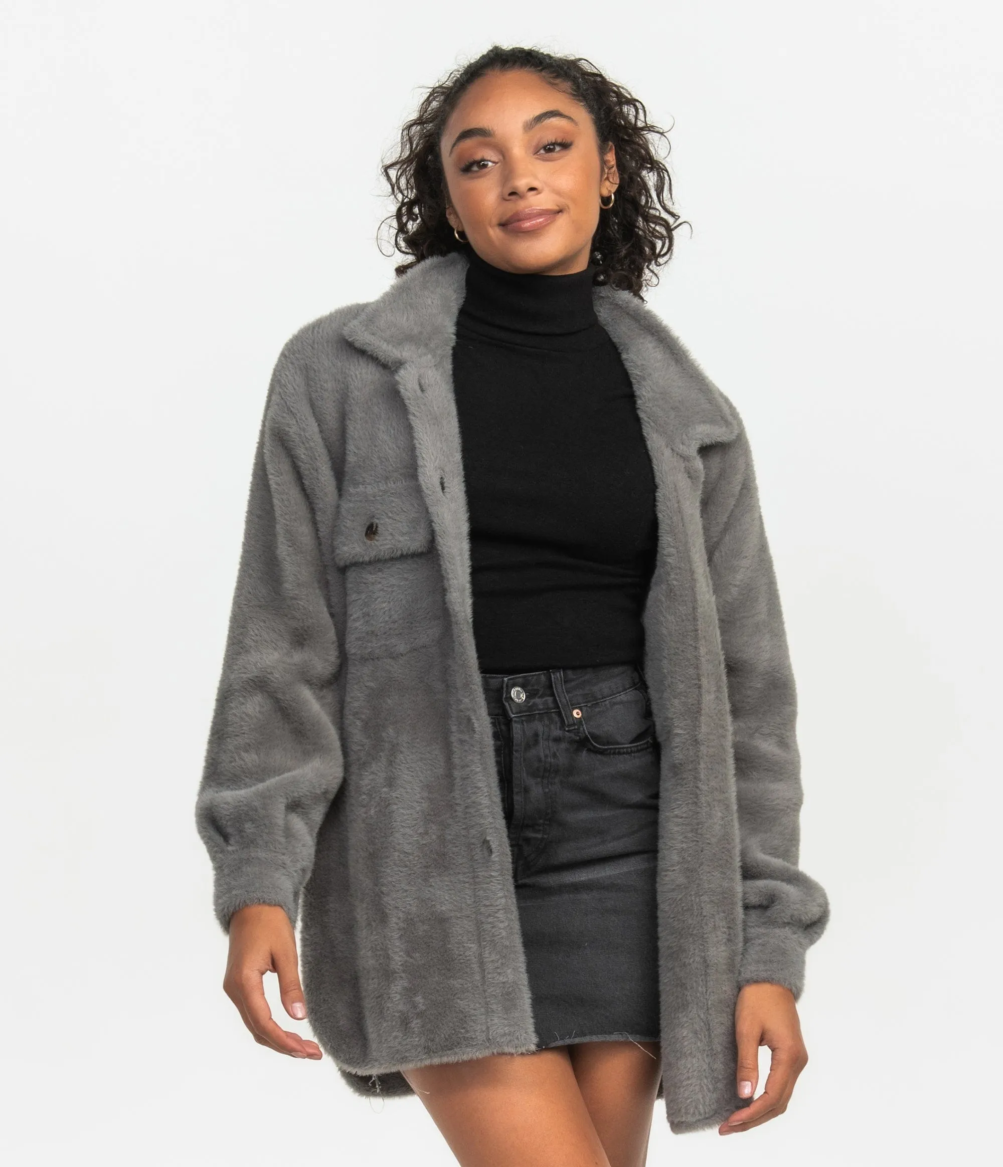 Feather Knit Shacket - Washed Charcoal