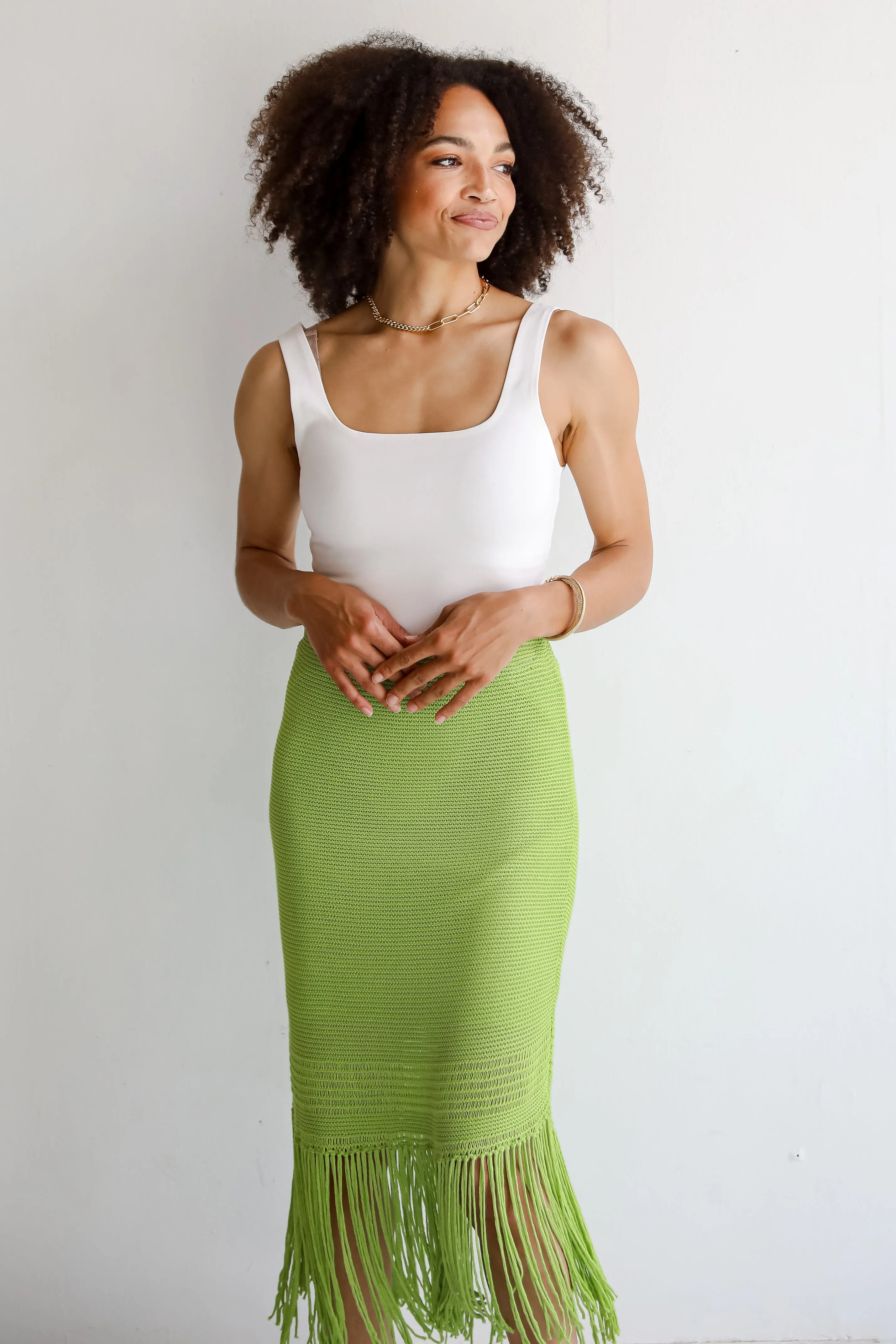 FINAL SALE - Sunshine Loving Lime Knit Fringe Midi Skirt