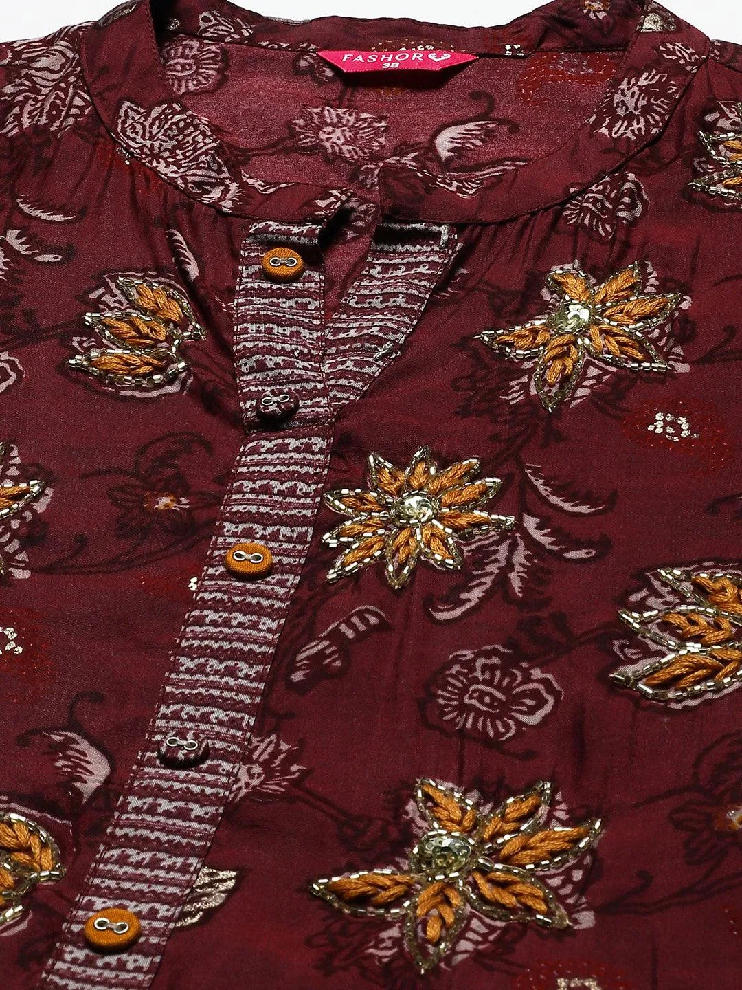 Floral Printed & Hand Embroidered A-Line Kurta with Pants - Wine