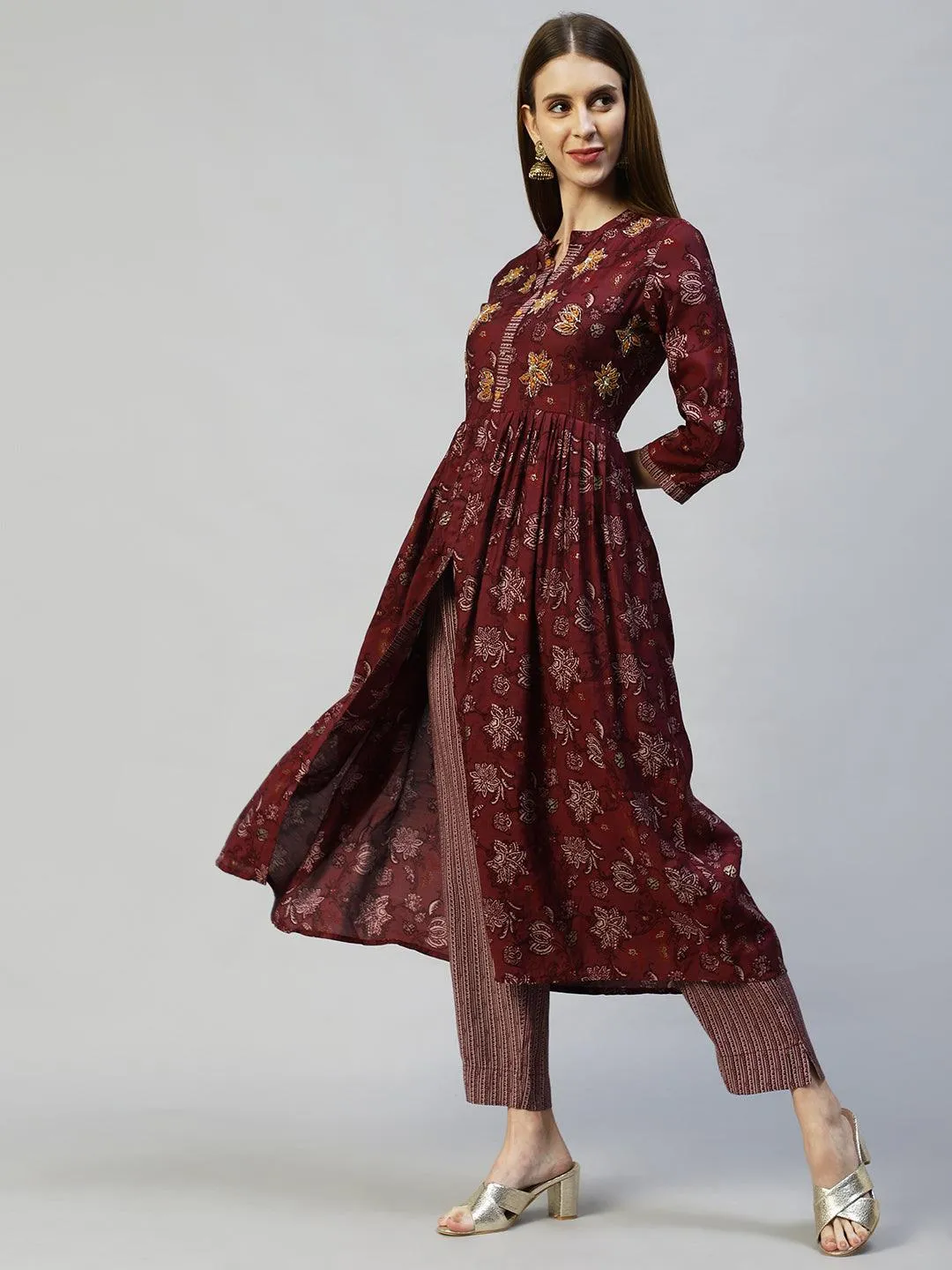 Floral Printed & Hand Embroidered A-Line Kurta with Pants - Wine