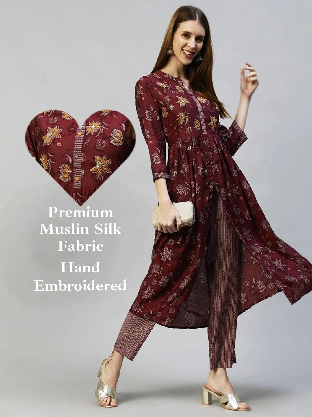 Floral Printed & Hand Embroidered A-Line Kurta with Pants - Wine