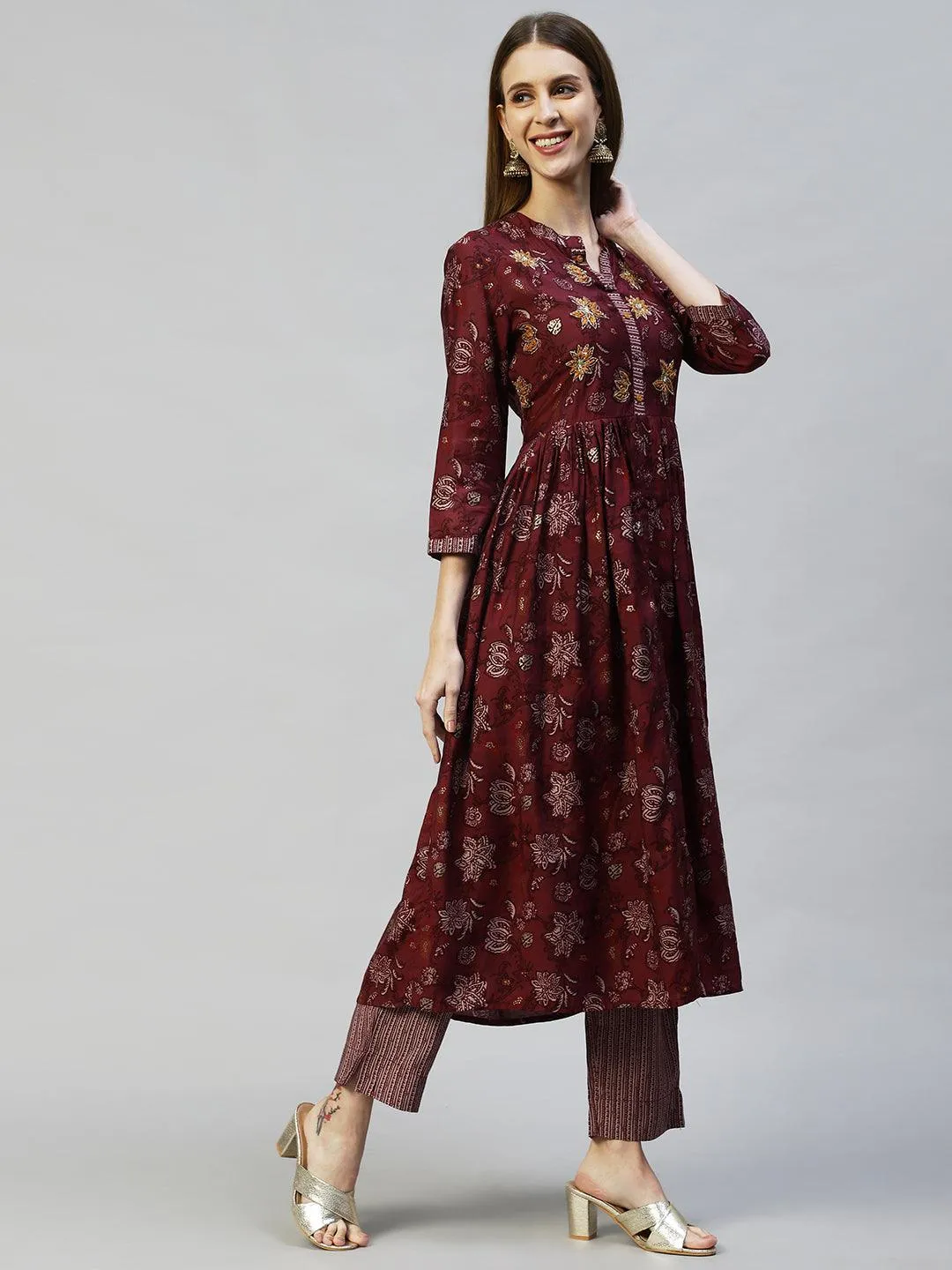 Floral Printed & Hand Embroidered A-Line Kurta with Pants - Wine