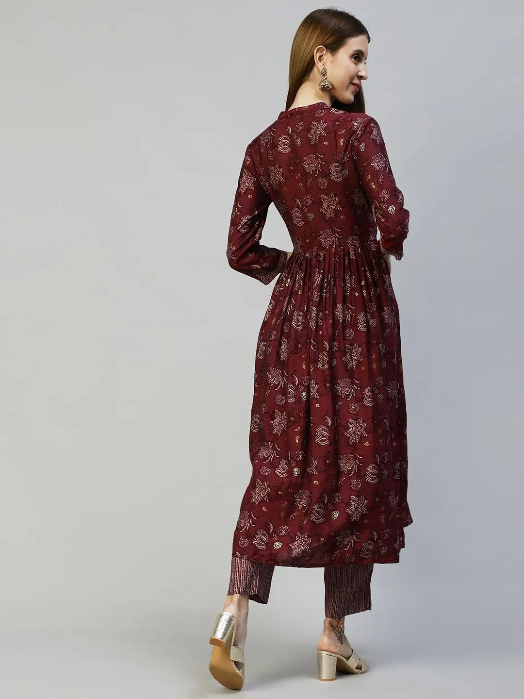 Floral Printed & Hand Embroidered A-Line Kurta with Pants - Wine