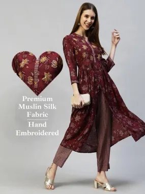 Floral Printed & Hand Embroidered A-Line Kurta with Pants - Wine