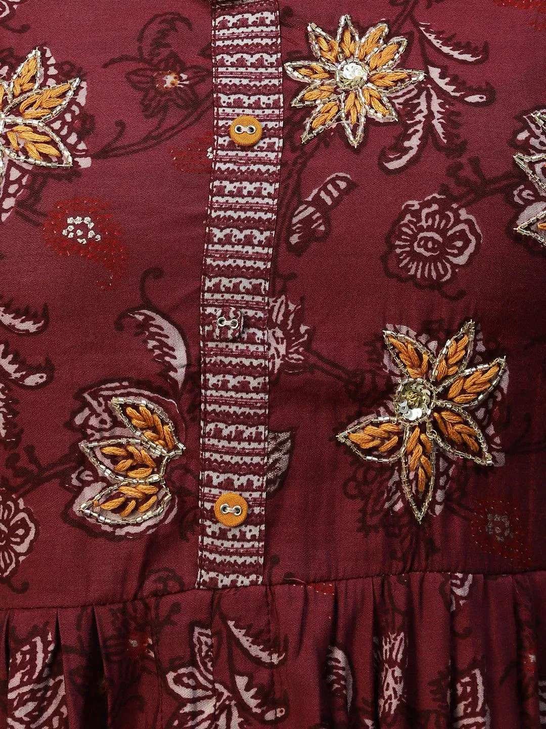 Floral Printed & Hand Embroidered A-Line Kurta with Pants - Wine