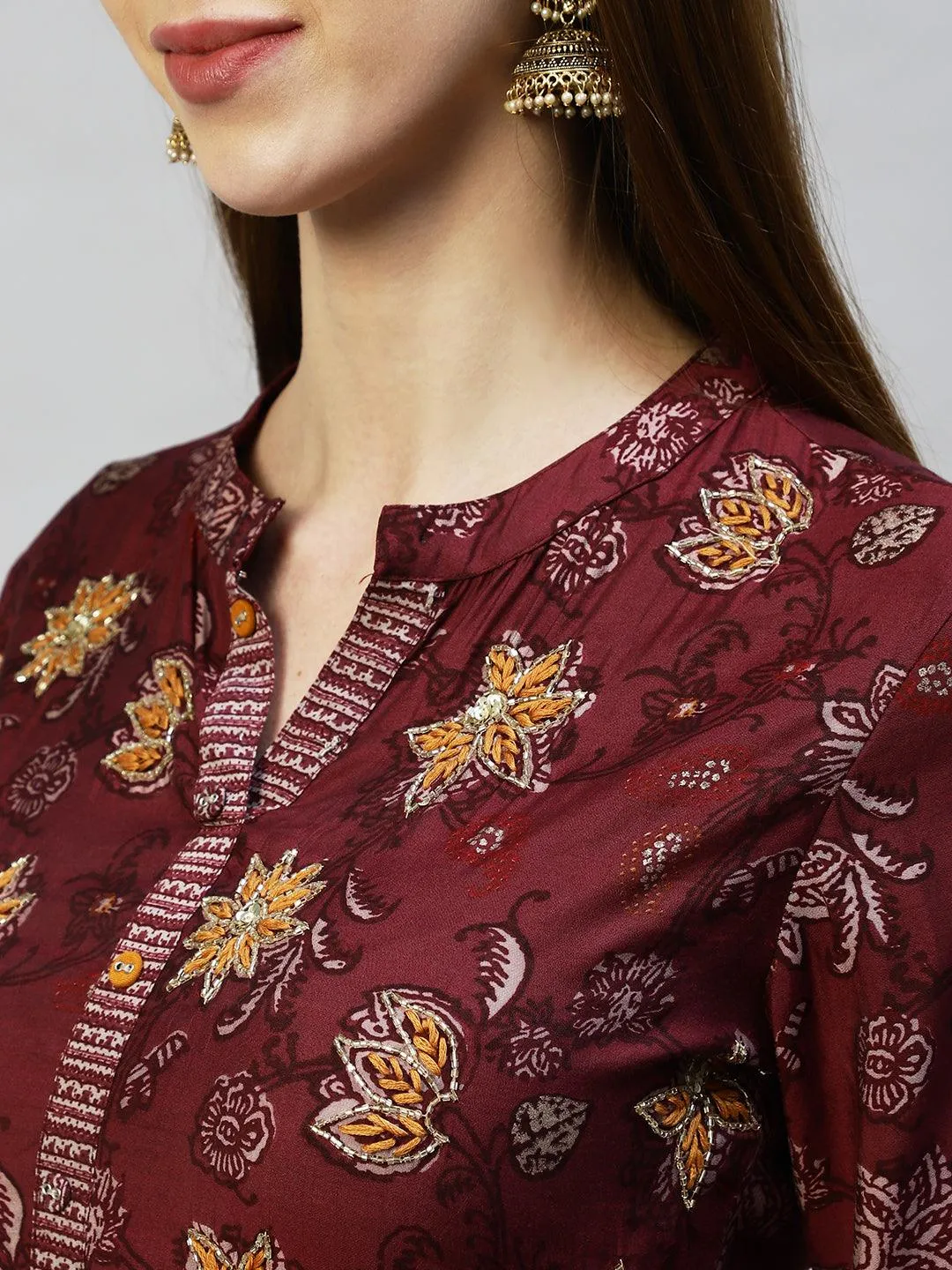 Floral Printed & Hand Embroidered A-Line Kurta with Pants - Wine