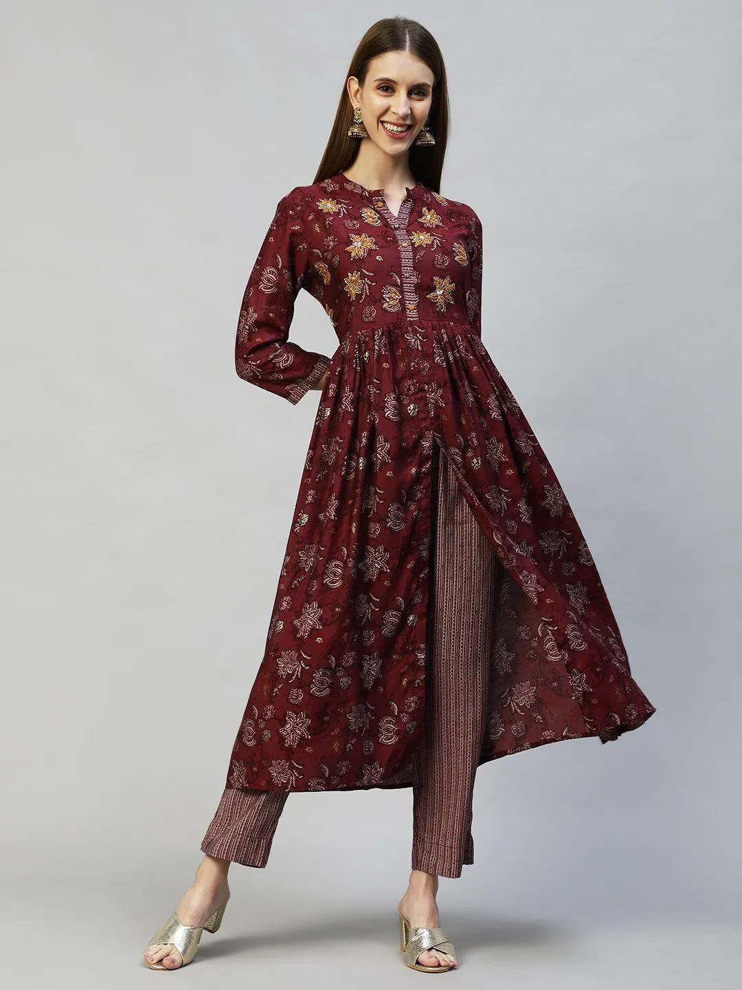 Floral Printed & Hand Embroidered A-Line Kurta with Pants - Wine