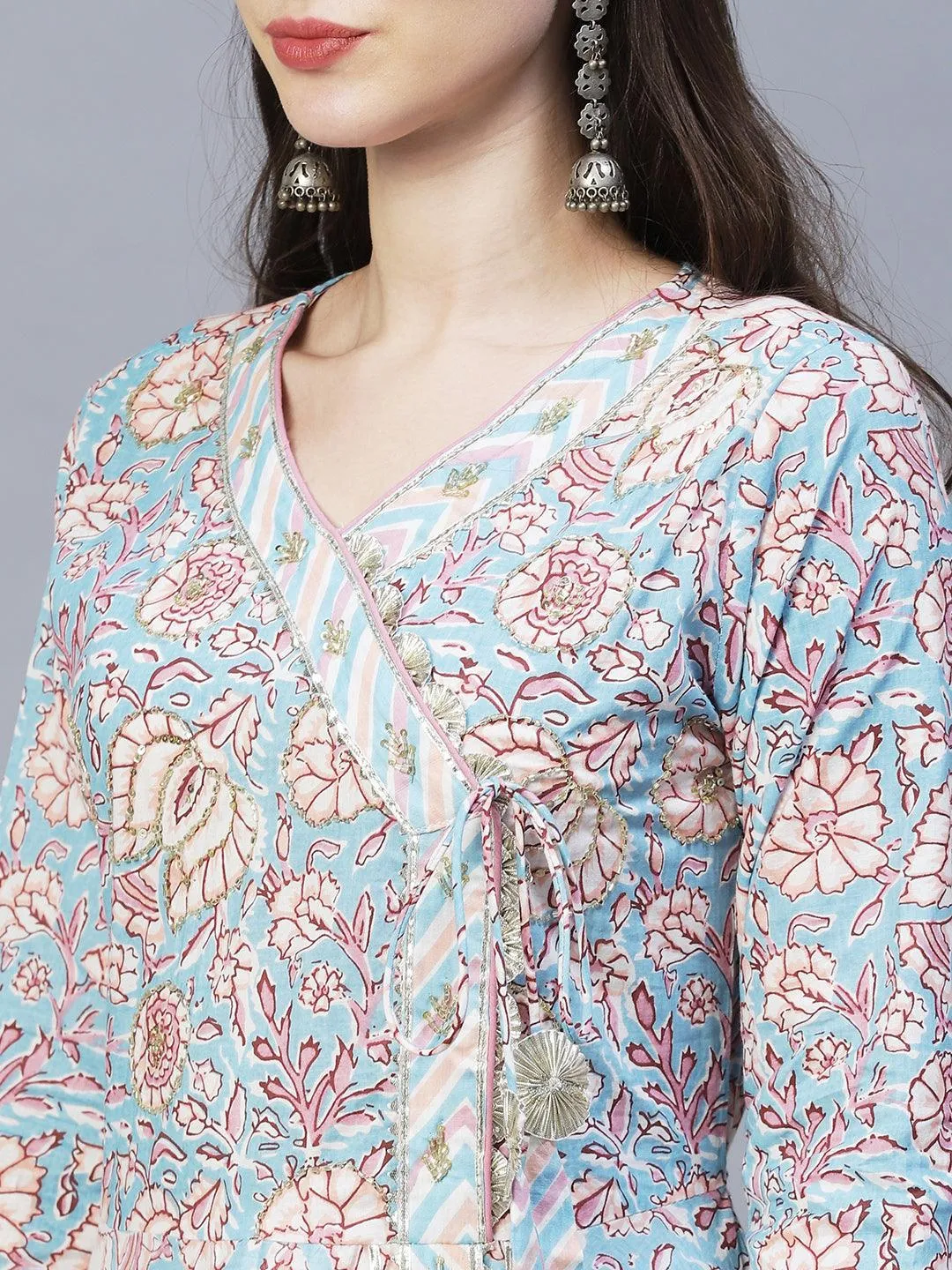 Floral Printed & Hand Embroidered Kurta with Pants & Dupatta - Light Blue