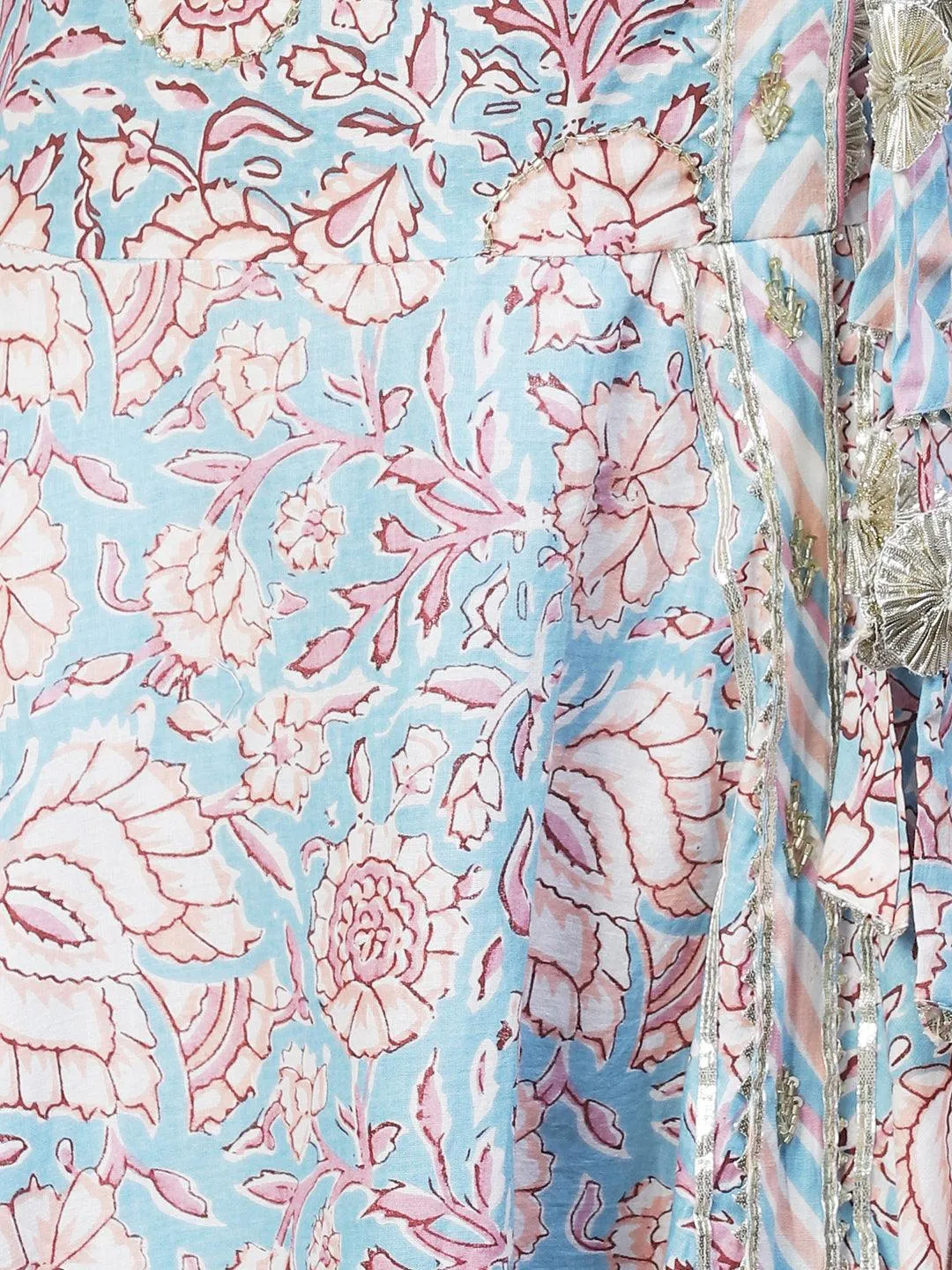 Floral Printed & Hand Embroidered Kurta with Pants & Dupatta - Light Blue