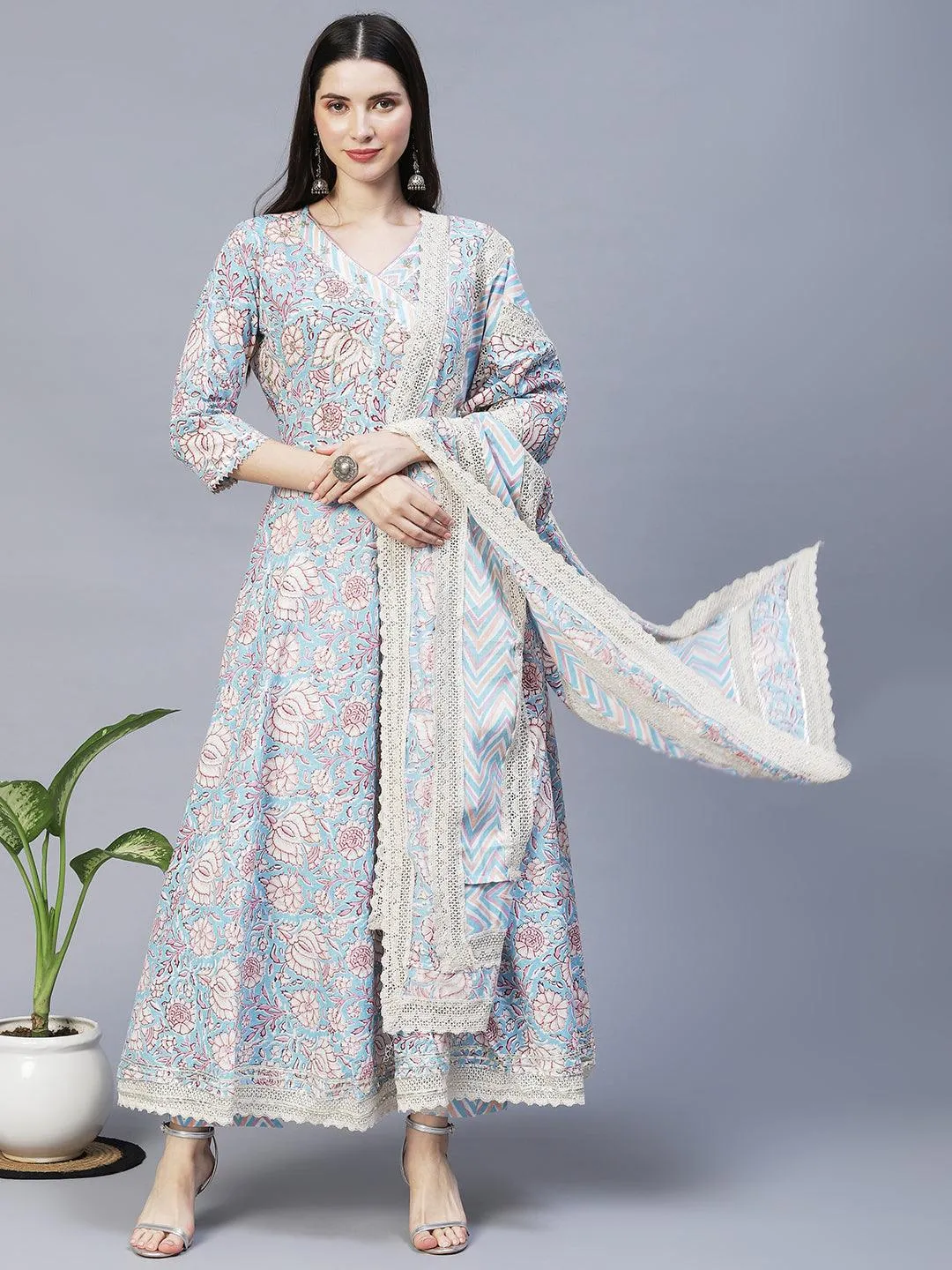 Floral Printed & Hand Embroidered Kurta with Pants & Dupatta - Light Blue