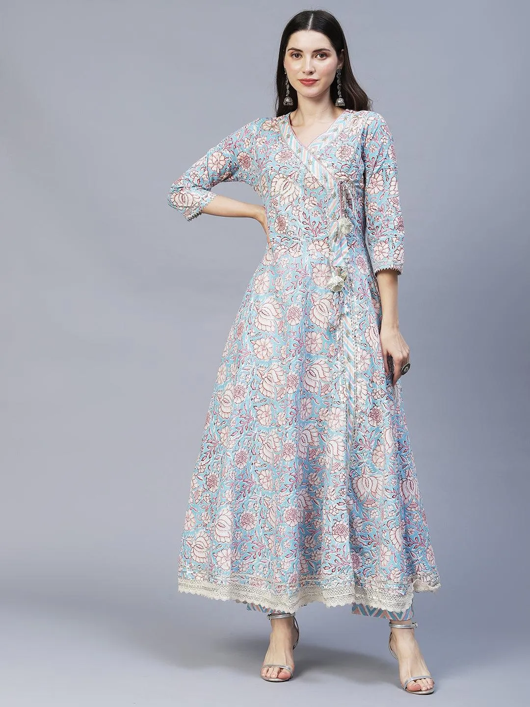 Floral Printed & Hand Embroidered Kurta with Pants & Dupatta - Light Blue