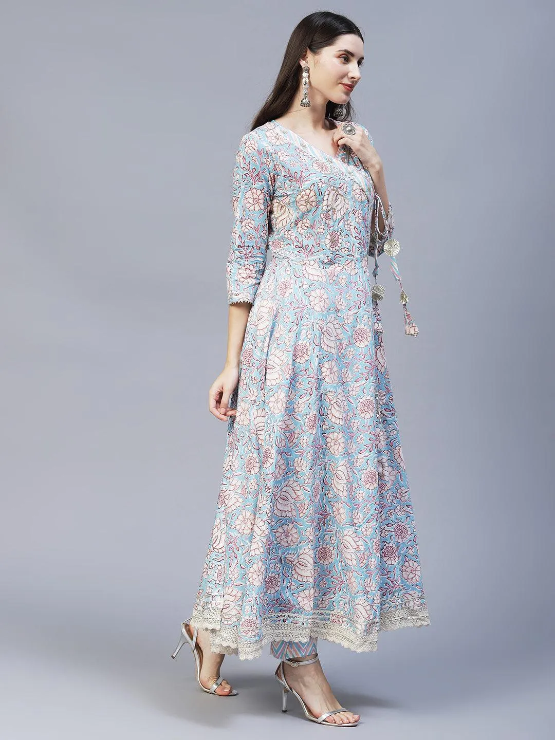 Floral Printed & Hand Embroidered Kurta with Pants & Dupatta - Light Blue