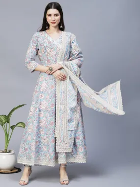 Floral Printed & Hand Embroidered Kurta with Pants & Dupatta - Light Blue
