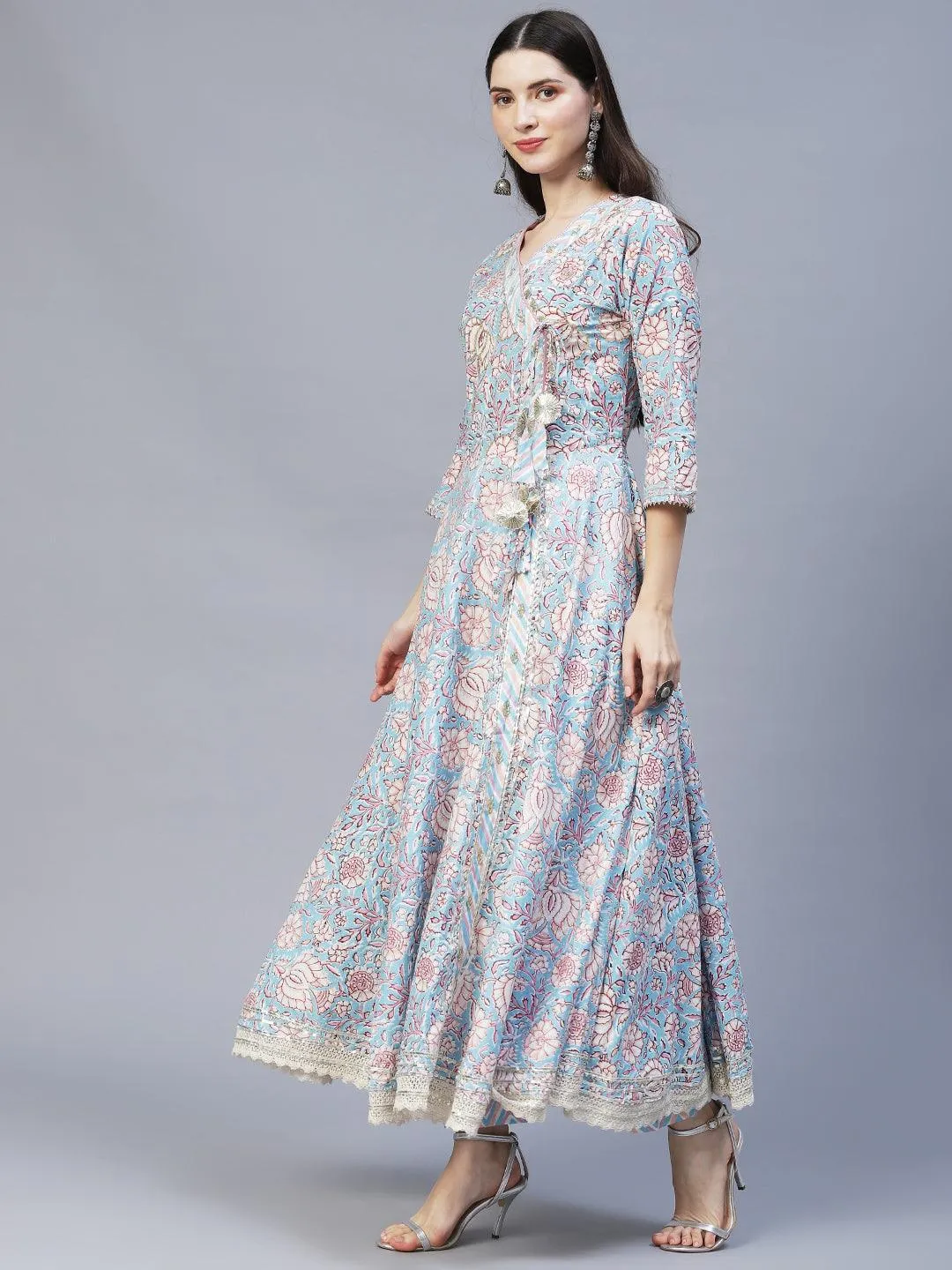 Floral Printed & Hand Embroidered Kurta with Pants & Dupatta - Light Blue