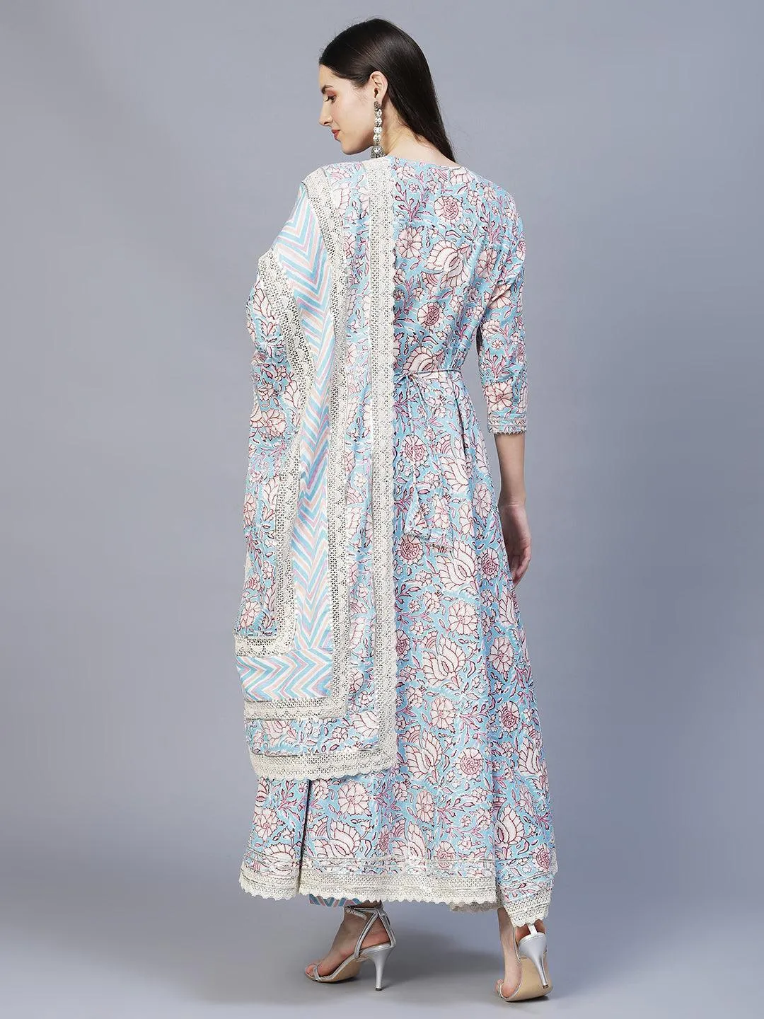 Floral Printed & Hand Embroidered Kurta with Pants & Dupatta - Light Blue