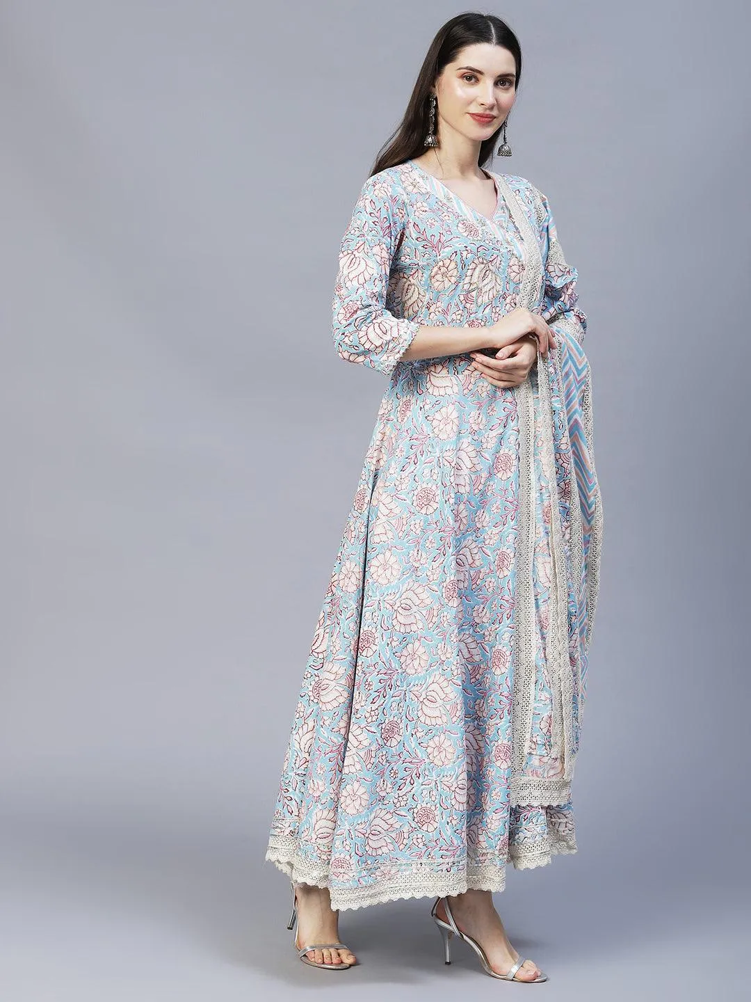 Floral Printed & Hand Embroidered Kurta with Pants & Dupatta - Light Blue
