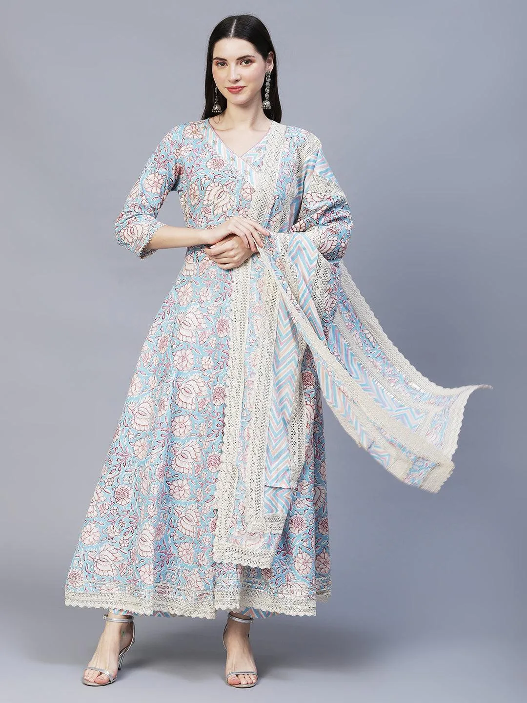 Floral Printed & Hand Embroidered Kurta with Pants & Dupatta - Light Blue