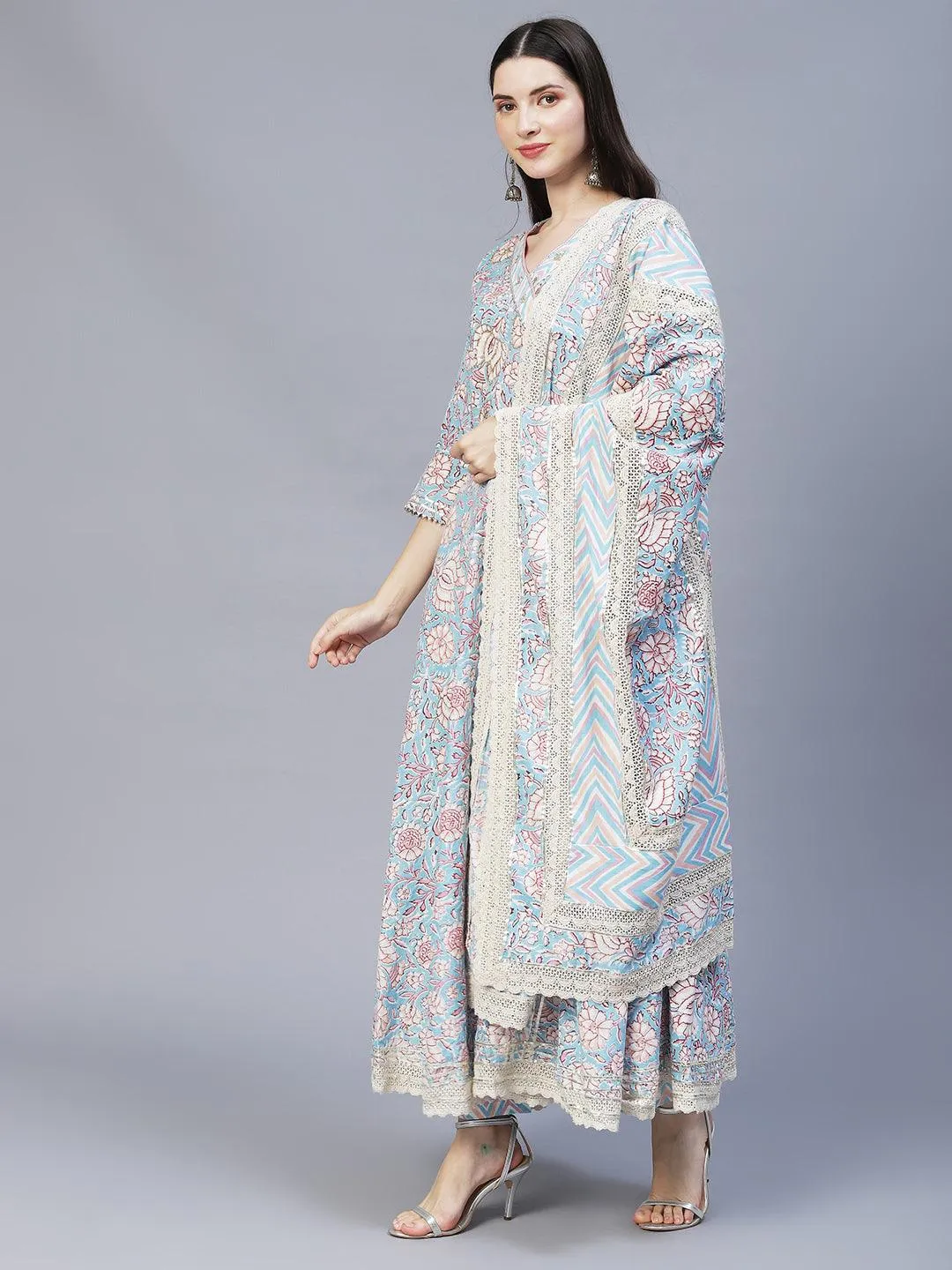 Floral Printed & Hand Embroidered Kurta with Pants & Dupatta - Light Blue